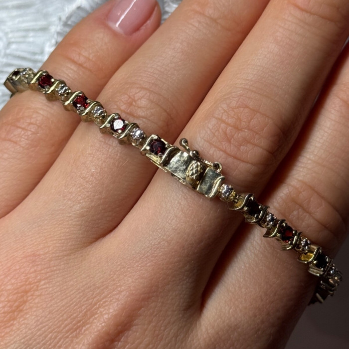 925 Sterling Silver Gold Plated Garnet Bracelet Length 7.5