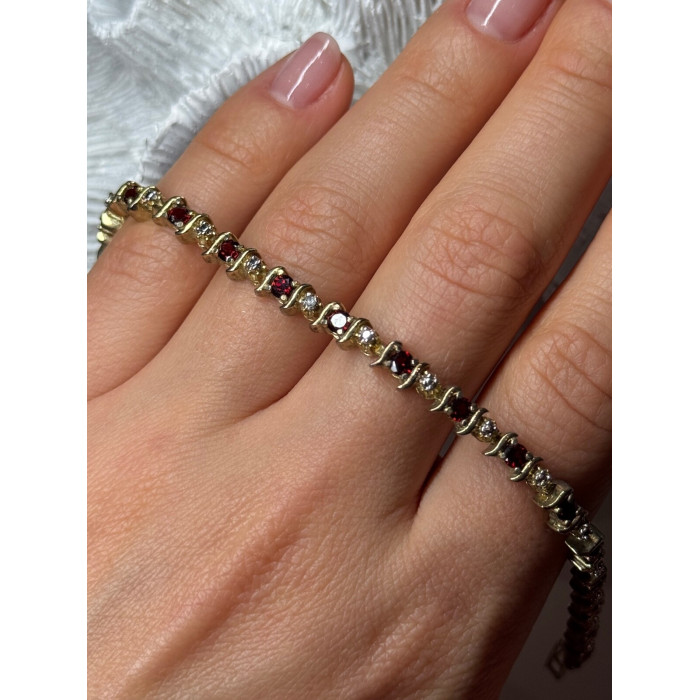 925 Sterling Silver Gold Plated Garnet Bracelet Length 7.5
