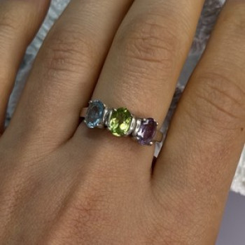 925 Sterling Silver Topaz Peridot Amethyst Ring Size 8.5