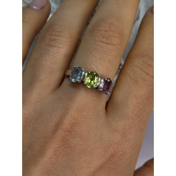 925 Sterling Silver Topaz Peridot Amethyst Ring Size 8.5