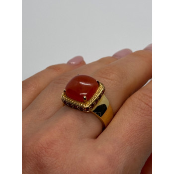 925 STERLING SILVER GOLD PLATED AMBER & RED SPINEL RING SIZE 7.5