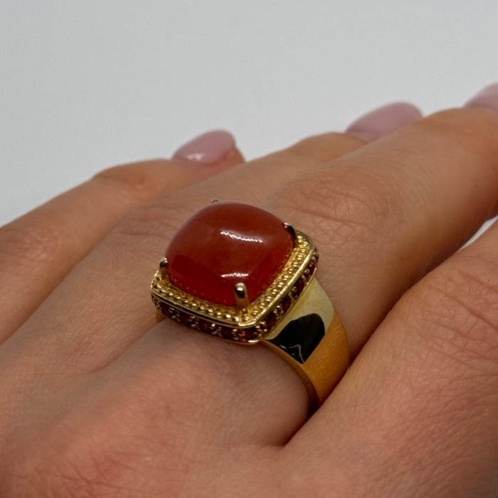925 Sterling Silver Gold Plated Amber & RED Spinel Ring Size 7.5