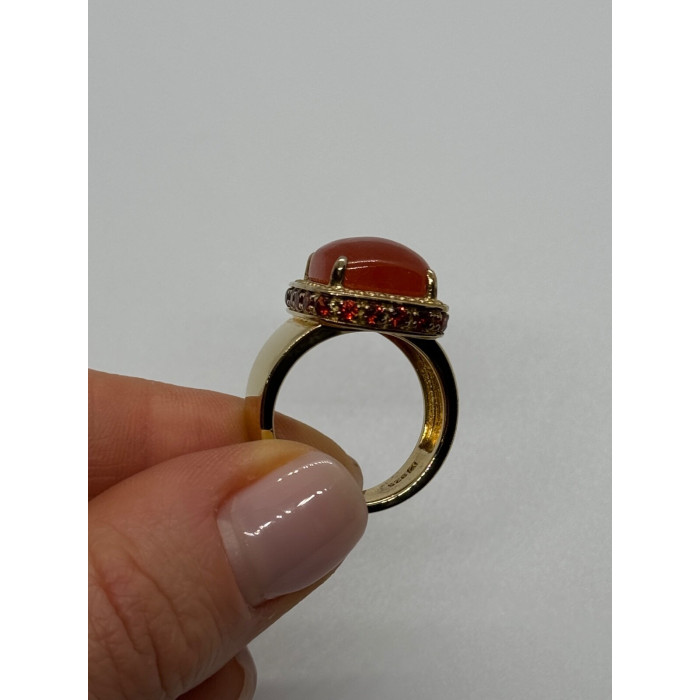 925 STERLING SILVER GOLD PLATED AMBER & RED SPINEL RING SIZE 7.5