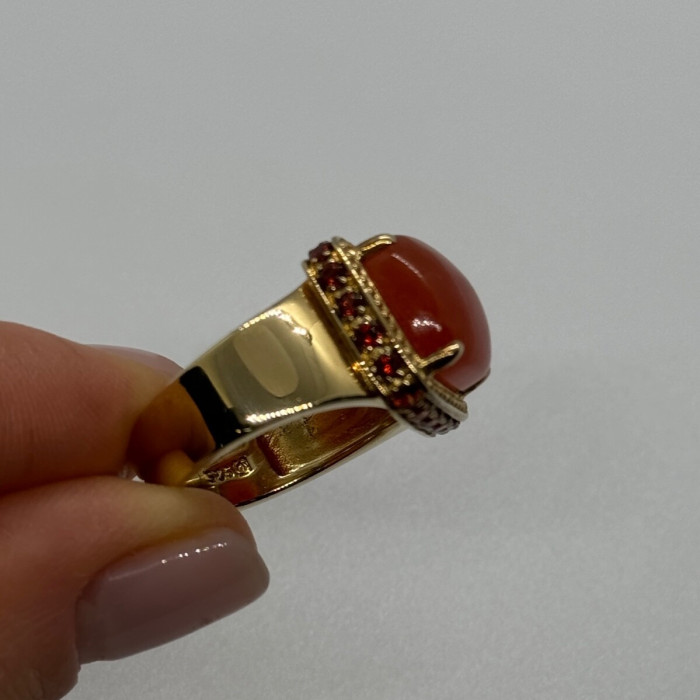 925 Sterling Silver Gold Plated Amber & RED Spinel Ring Size 7.5