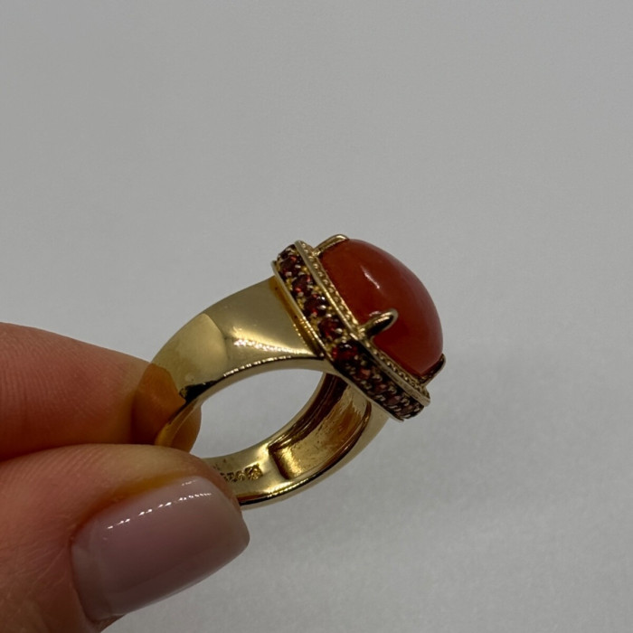 925 Sterling Silver Gold Plated Amber & RED Spinel Ring Size 7.5