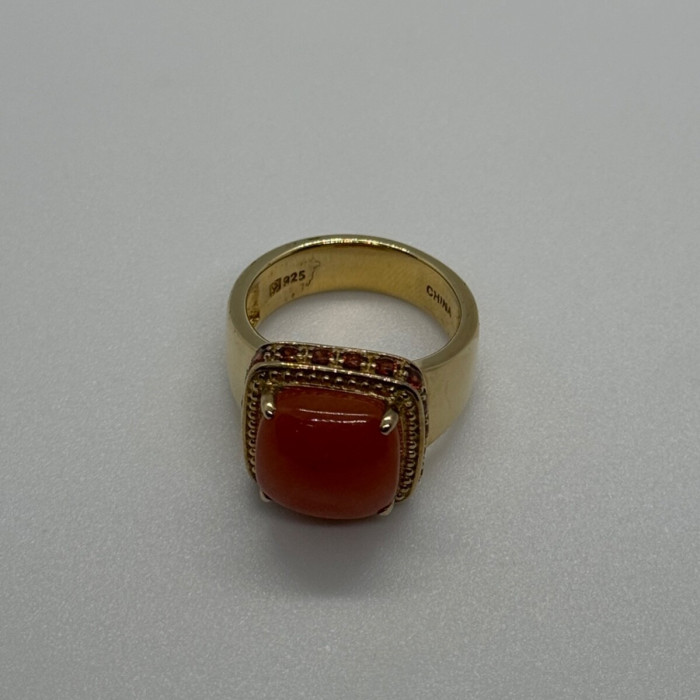 925 Sterling Silver Gold Plated Amber & RED Spinel Ring Size 7.5