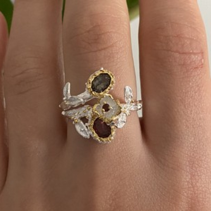 925 Sterling Silver Gold Plated Garnet & Alexandrite Ring Size 8.5
