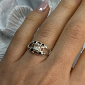 925 Sterling Silver White & Blue Sapphire Ring Size 7