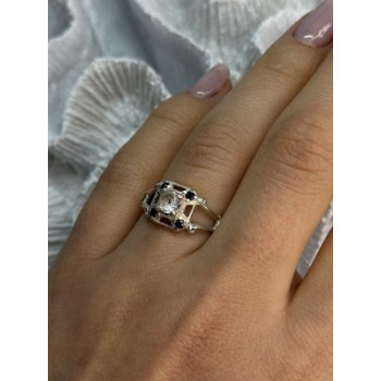 925 Sterling Silver White & Blue Sapphire Ring Size 7