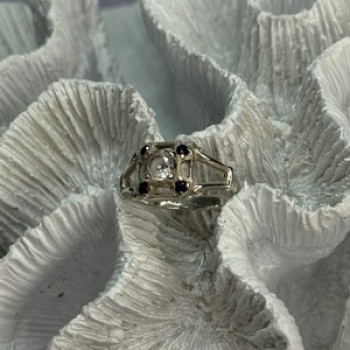 925 Sterling Silver White & Blue Sapphire Ring Size 7