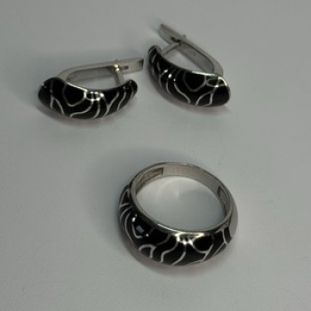 925 Sterling Silver Enamel Ring & Earrings Set Size 9