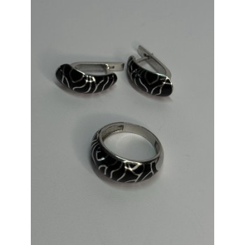 925 Sterling Silver Enamel Ring & Earrings Set Size 9