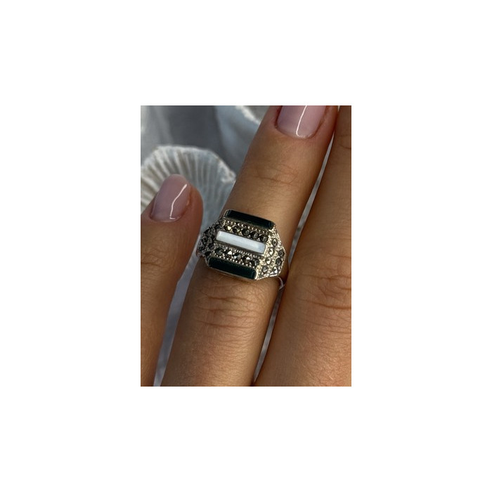 925 Sterling Silver Jade Abalone Marcasite Ring Size 6