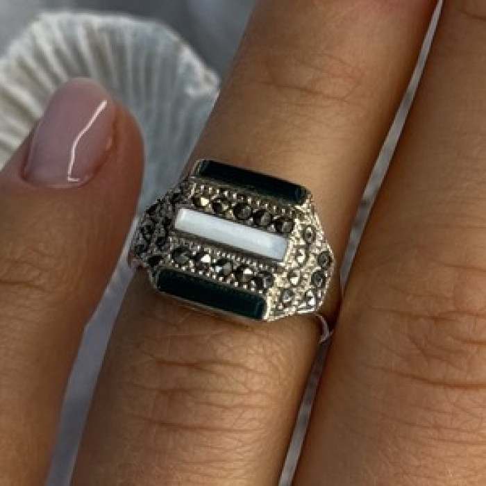 925 Sterling Silver Jade Abalone Marcasite Ring Size 6