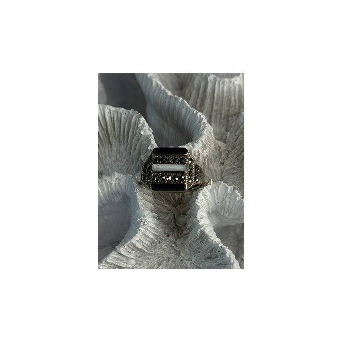 925 Sterling Silver Jade Abalone Marcasite Ring Size 6