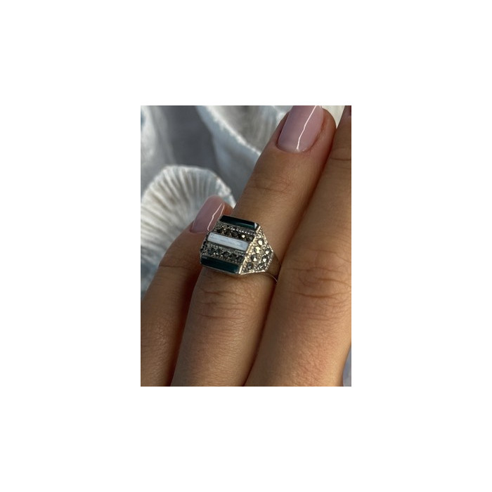 925 Sterling Silver Jade Abalone Marcasite Ring Size 6