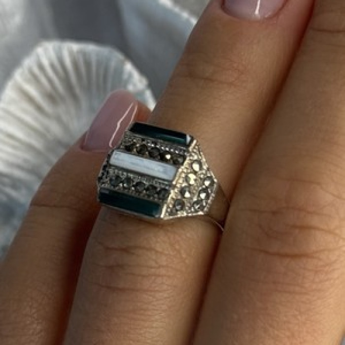 925 Sterling Silver Jade Abalone Marcasite Ring Size 6