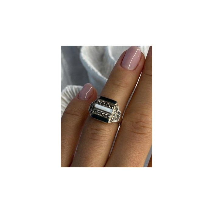 925 Sterling Silver Jade Abalone Marcasite Ring Size 6