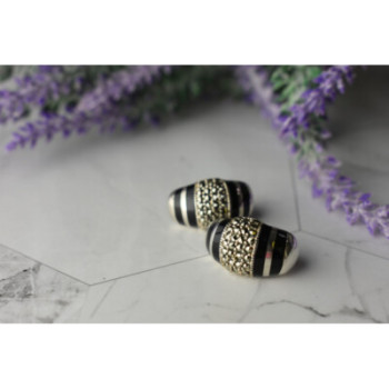 925 STERLING SILVER BLACK NEPHRITE & MARCASITES EARRINGS