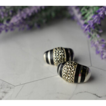 925 Sterling Silver Black Nephrite & Marcasites Earrings