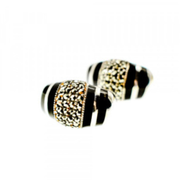 925 Sterling Silver Black Nephrite & Marcasites Earrings