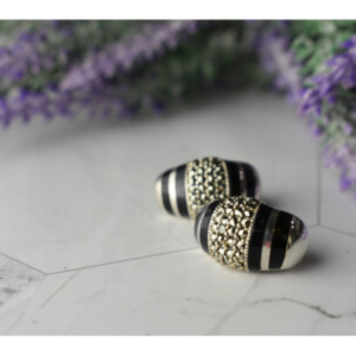 925 Sterling Silver Black Nephrite & Marcasites Earrings