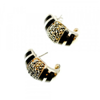 925 Sterling Silver Black Nephrite & Marcasites Earrings