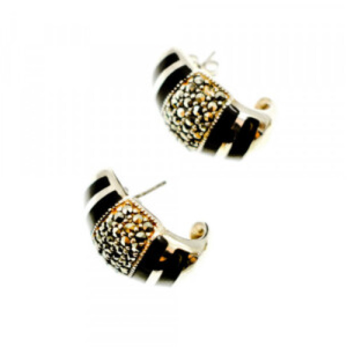 925 Sterling Silver Black Nephrite & Marcasites Earrings