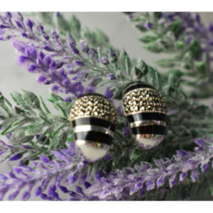 925 Sterling Silver Black Nephrite & Marcasites Earrings