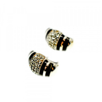 925 Sterling Silver Black Nephrite & Marcasites Earrings