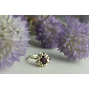 925 Sterling Silver Rubellite & CZ Ring Size 11