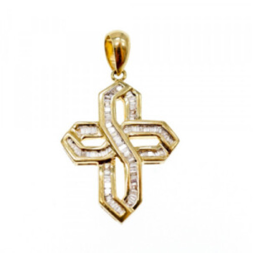 14K Yellow Gold White Sapphires Cross