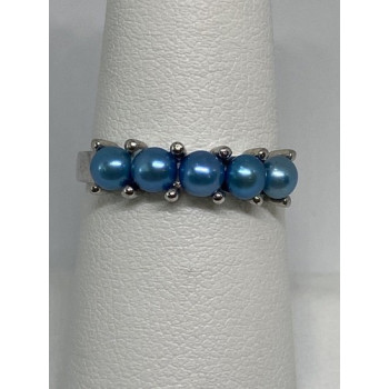 925 Sterling Silver With Simulated Teal Colored Pearls Ring Size-7