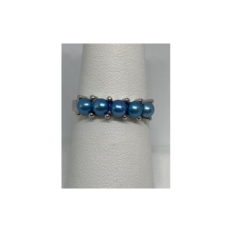 925 Sterling Silver With Simulated Teal Colored Pearls Ring Size-7