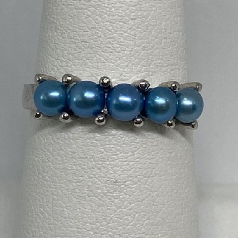 925 Sterling Silver With Simulated Teal Colored Pearls Ring Size-7
