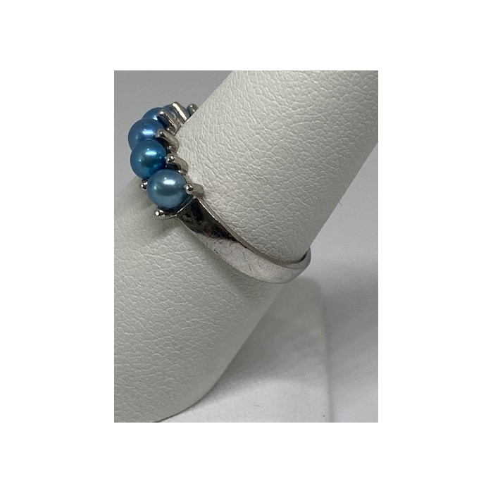 925 Sterling Silver With Simulated Teal Colored Pearls Ring Size-7
