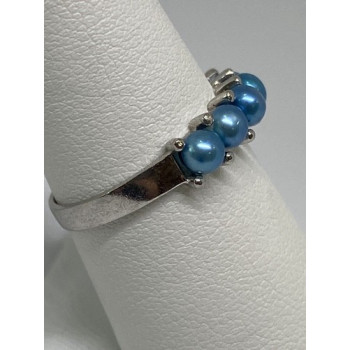 925 Sterling Silver With Simulated Teal Colored Pearls Ring Size-7