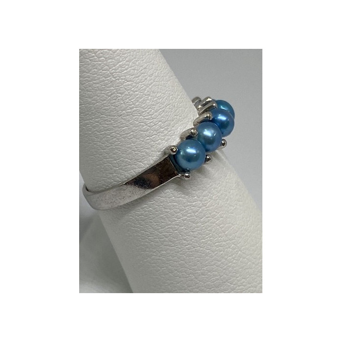 925 Sterling Silver With Simulated Teal Colored Pearls Ring Size-7