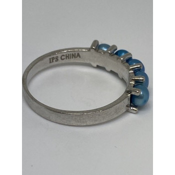 925 Sterling Silver With Simulated Teal Colored Pearls Ring Size-7