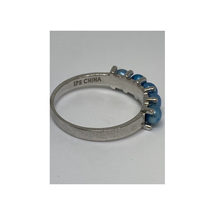 925 Sterling Silver With Simulated Teal Colored Pearls Ring Size-7