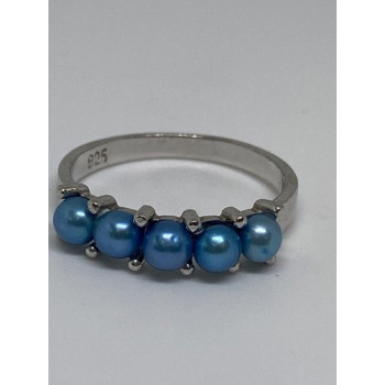 925 Sterling Silver With Simulated Teal Colored Pearls Ring Size-7