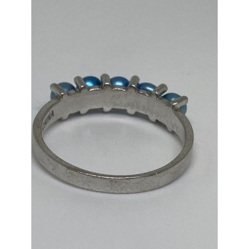925 Sterling Silver With Simulated Teal Colored Pearls Ring Size-7