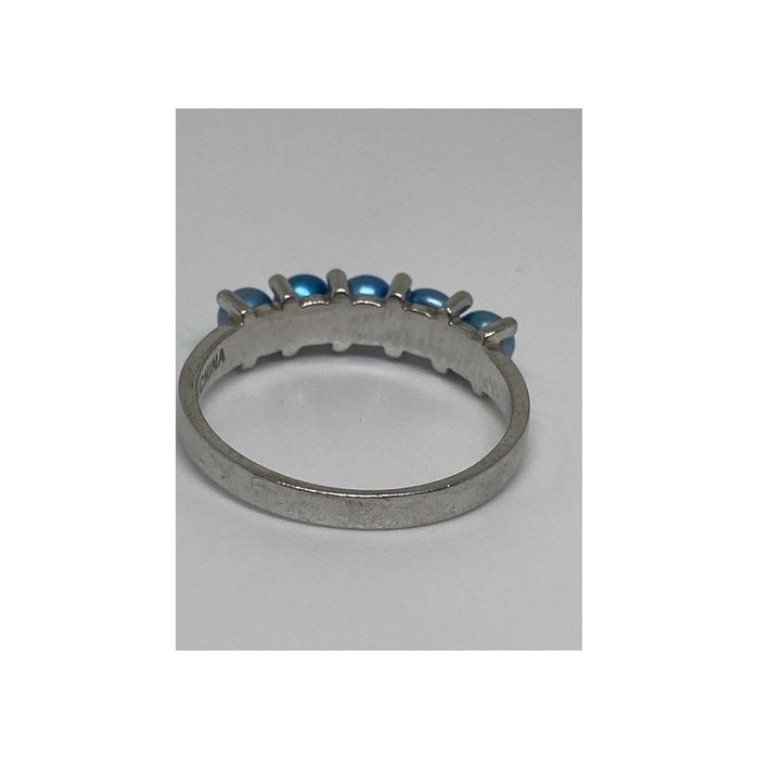 925 Sterling Silver With Simulated Teal Colored Pearls Ring Size-7