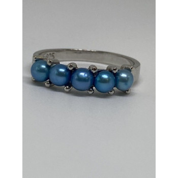 925 Sterling Silver With Simulated Teal Colored Pearls Ring Size-7