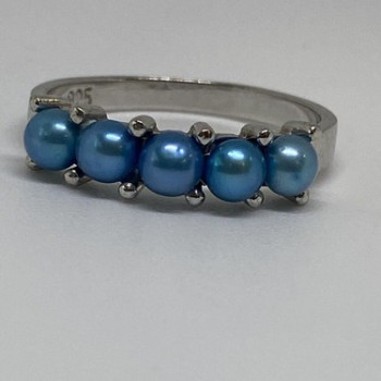 925 Sterling Silver With Simulated Teal Colored Pearls Ring Size-7