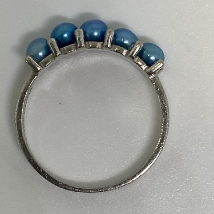 925 Sterling Silver With Simulated Teal Colored Pearls Ring Size-7