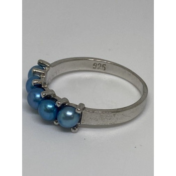 925 Sterling Silver With Simulated Teal Colored Pearls Ring Size-7
