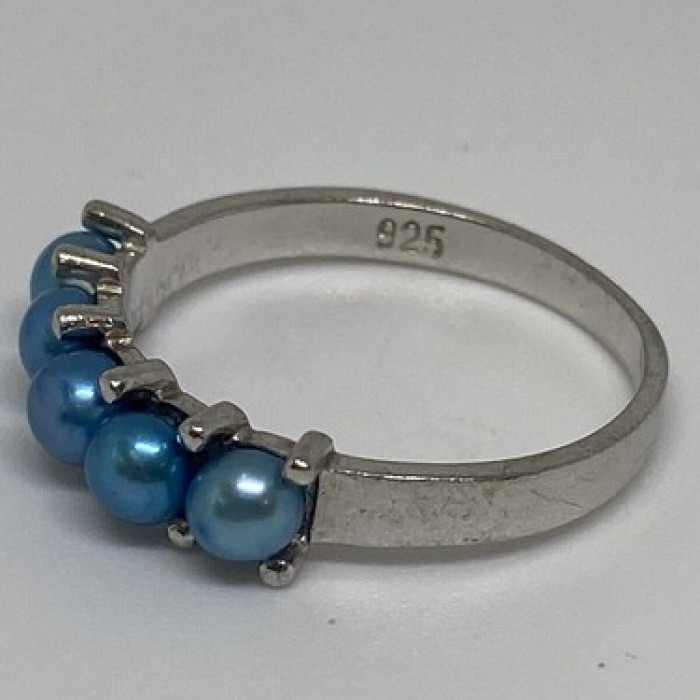 925 Sterling Silver With Simulated Teal Colored Pearls Ring Size-7