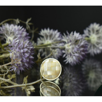 925 Sterling Silver Mother OF Pearl Mosaic Ring Size 8 Italy