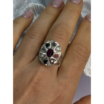 925 Sterling Silver Ruby & Multicolor Gemstones Ring Size 8